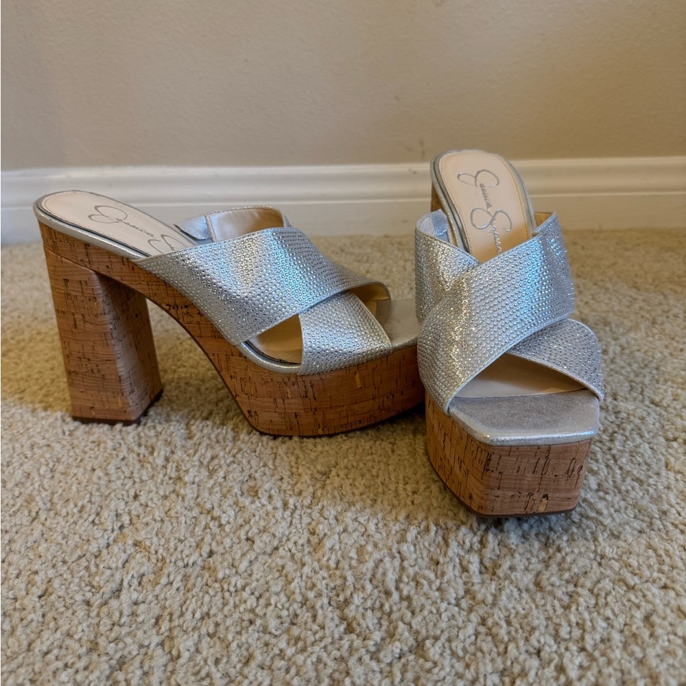 Jessica Simpson Silver Platform Heels with Cork Base